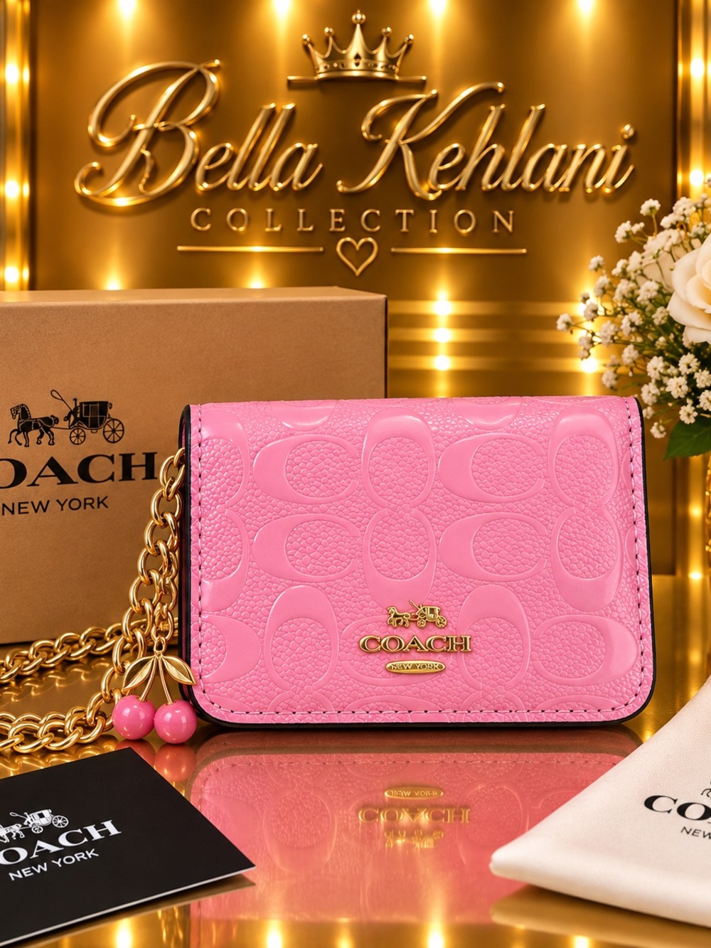 Coach Pink Signature Leather Card & Key Pouch with Gold Chain Charm
